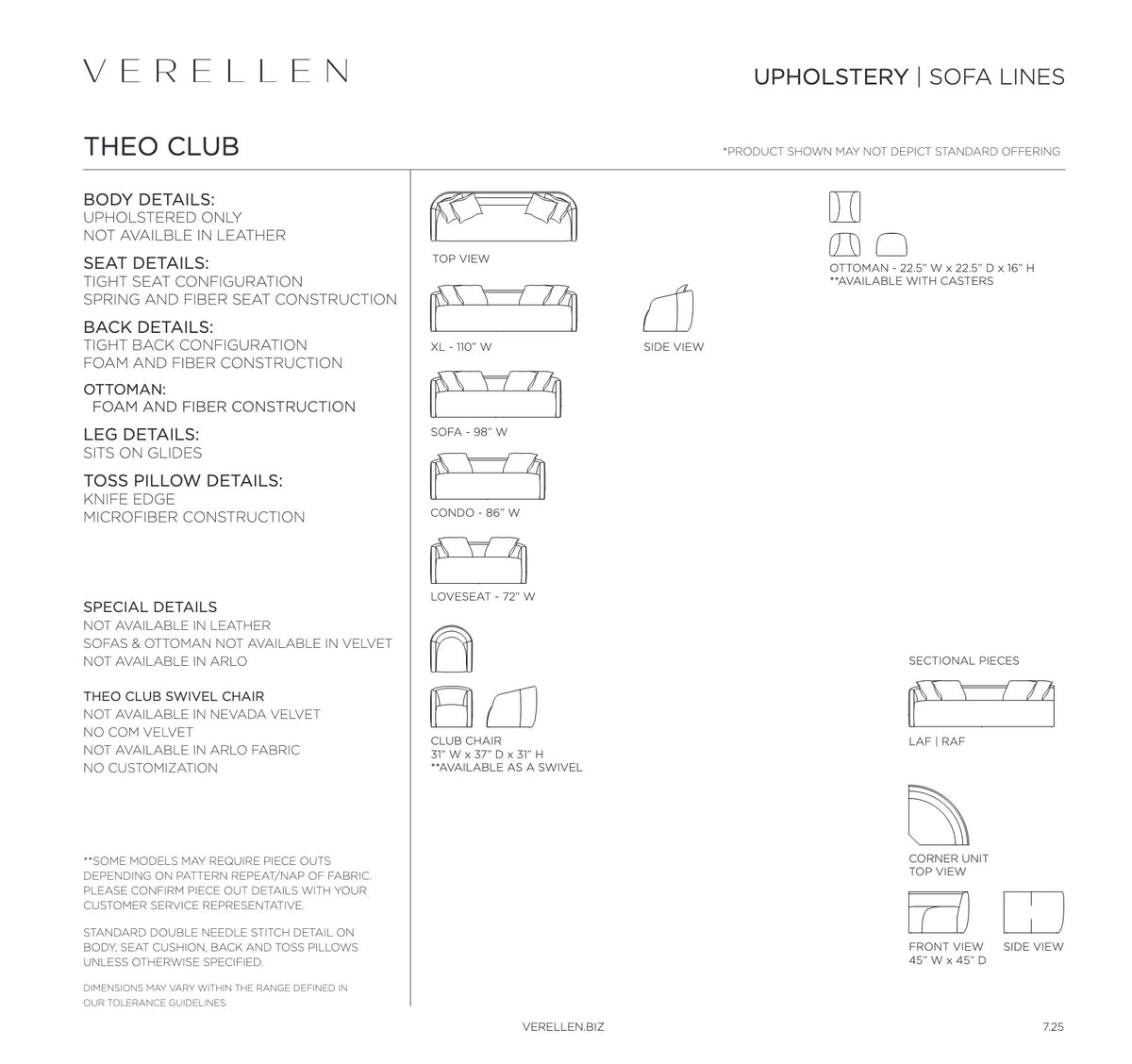 Theo Club Sofa specification sheet page 1