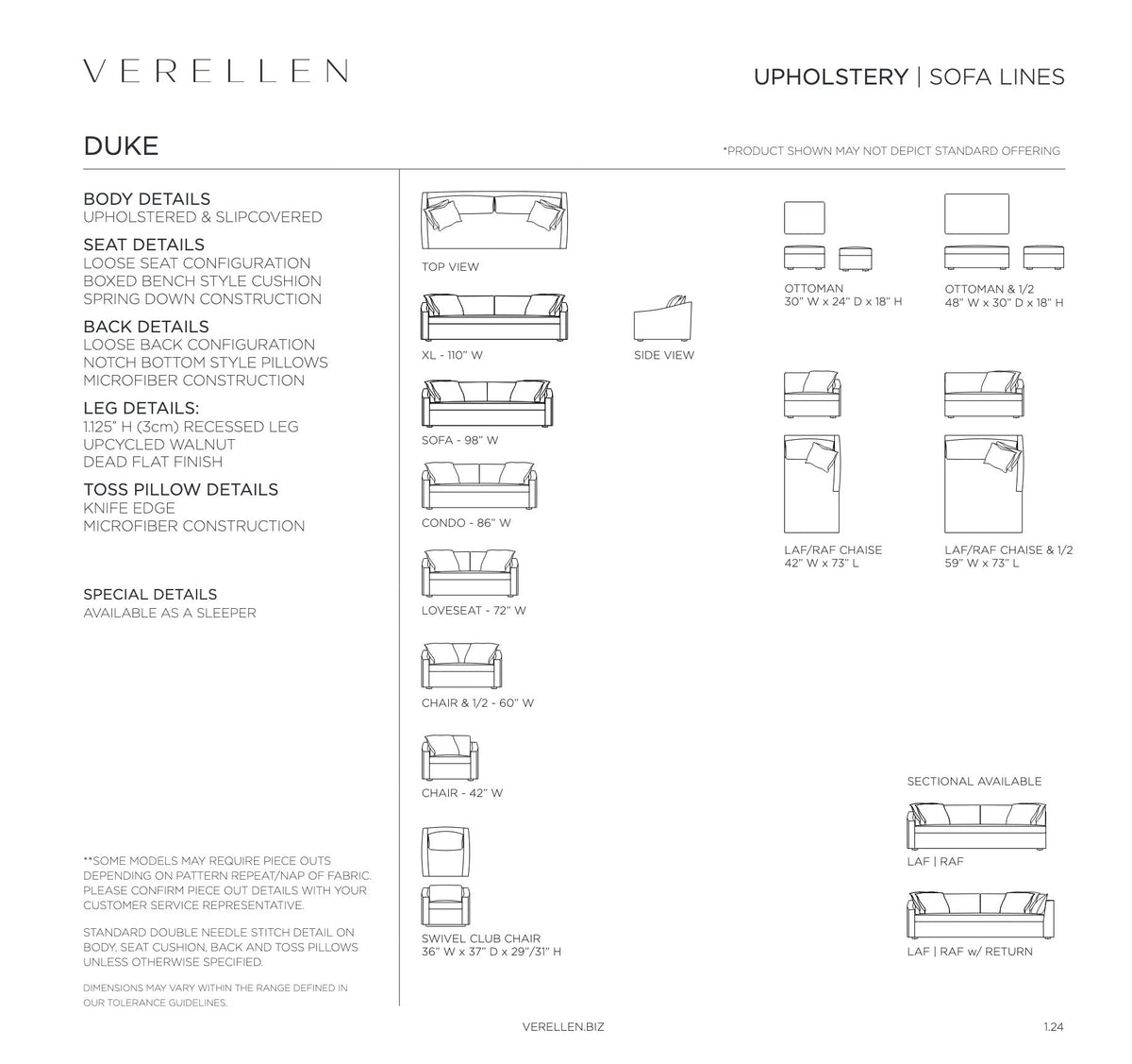 Duke Sofa specification sheet page 1