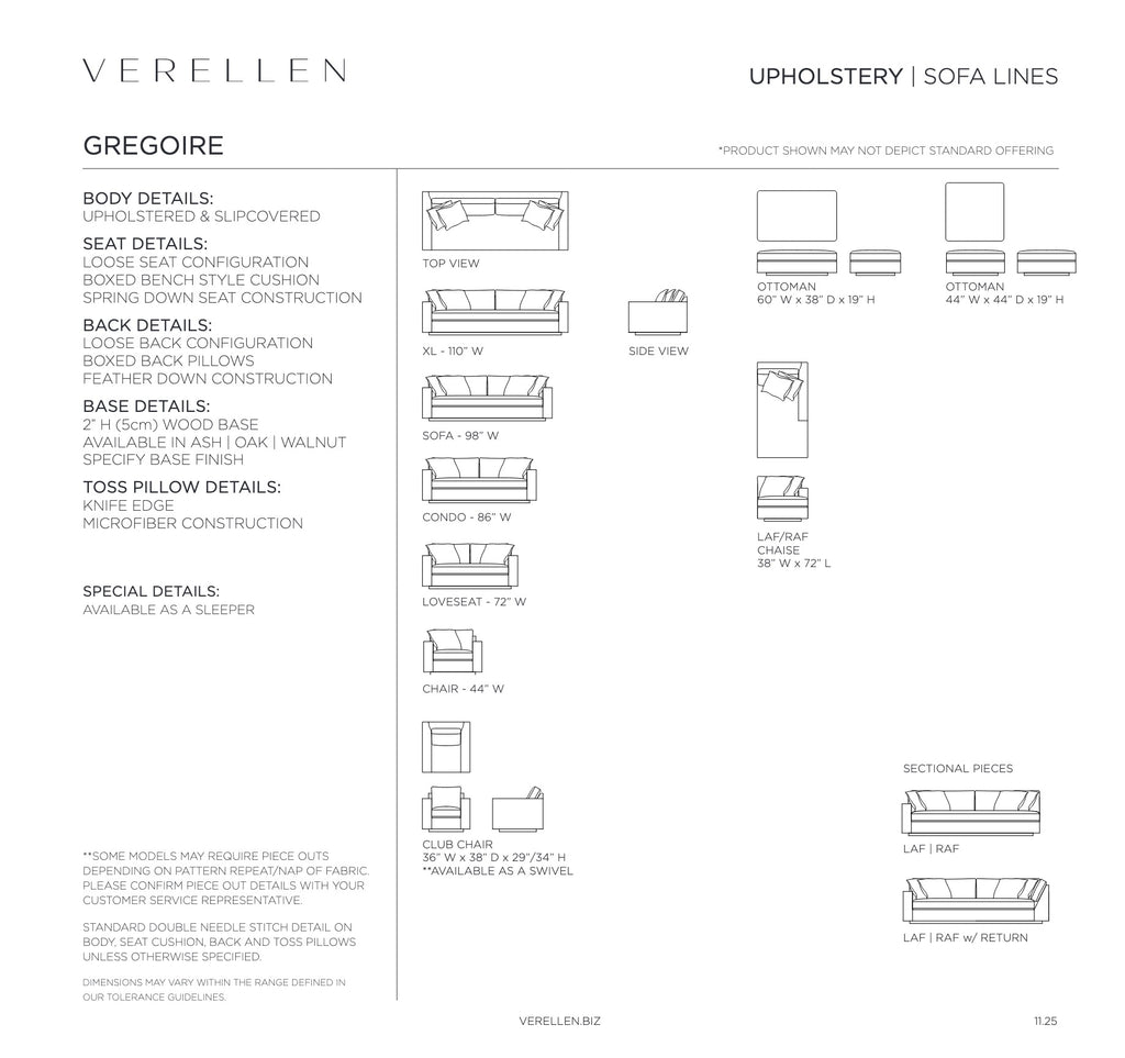 Gregoire Sectional specification sheet page 1