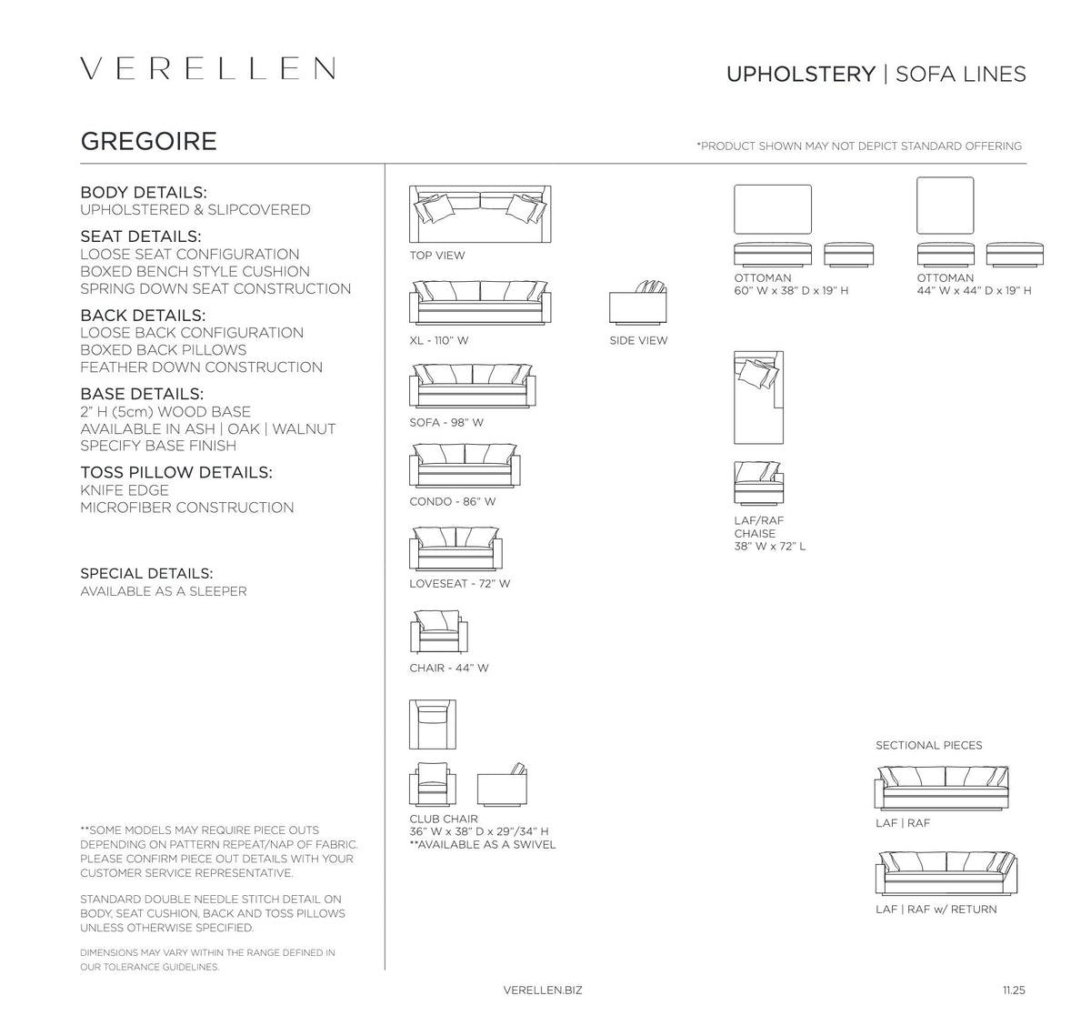 Gregoire Sofa specification sheet page 1