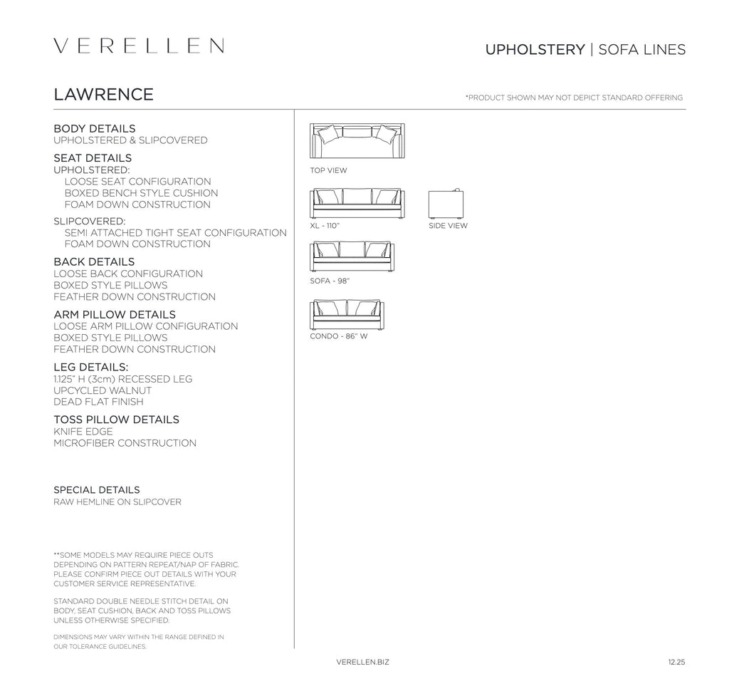 Lawrence Sofa specification sheet page 1