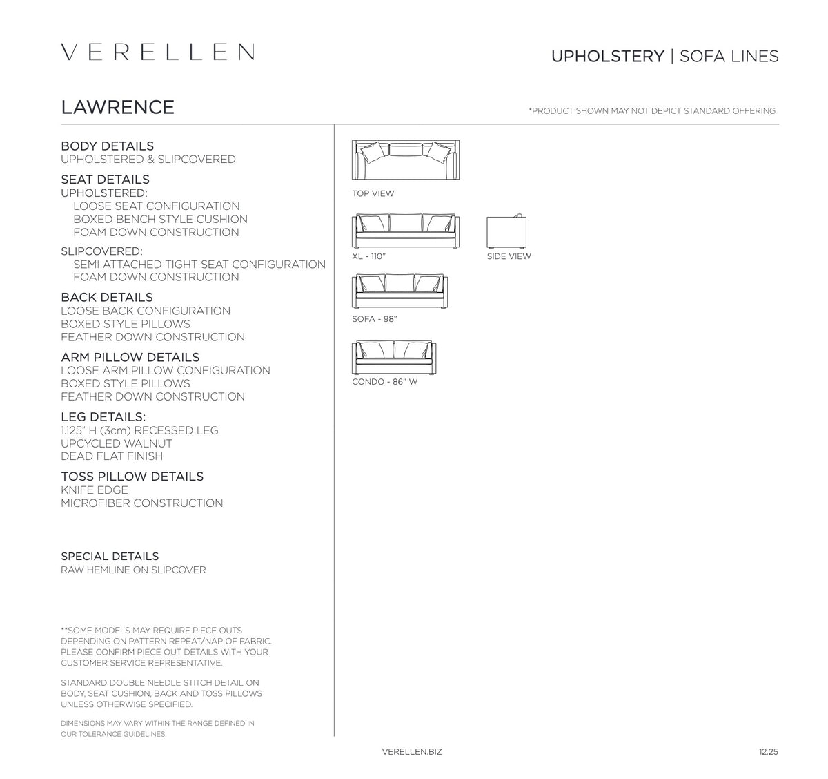 Lawrence Sofa specification sheet page 1