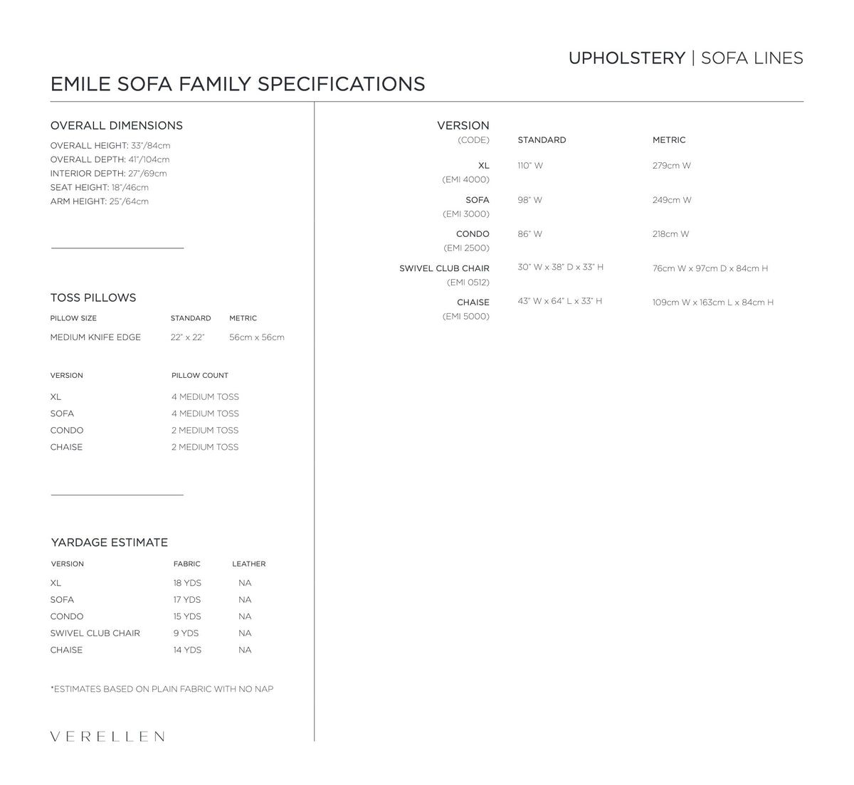 Emile Sofa specification sheet page 2