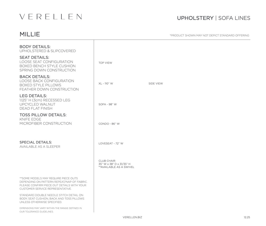 Millie Sofa specification sheet page 1