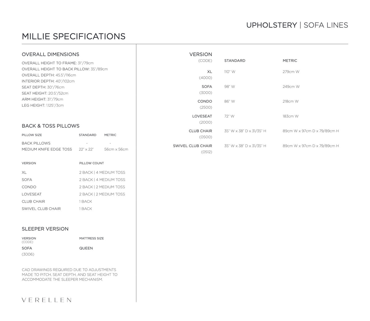 Millie Club Chair specification sheet page 2