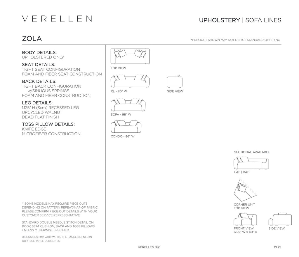 Zola Sofa specification sheet page 1