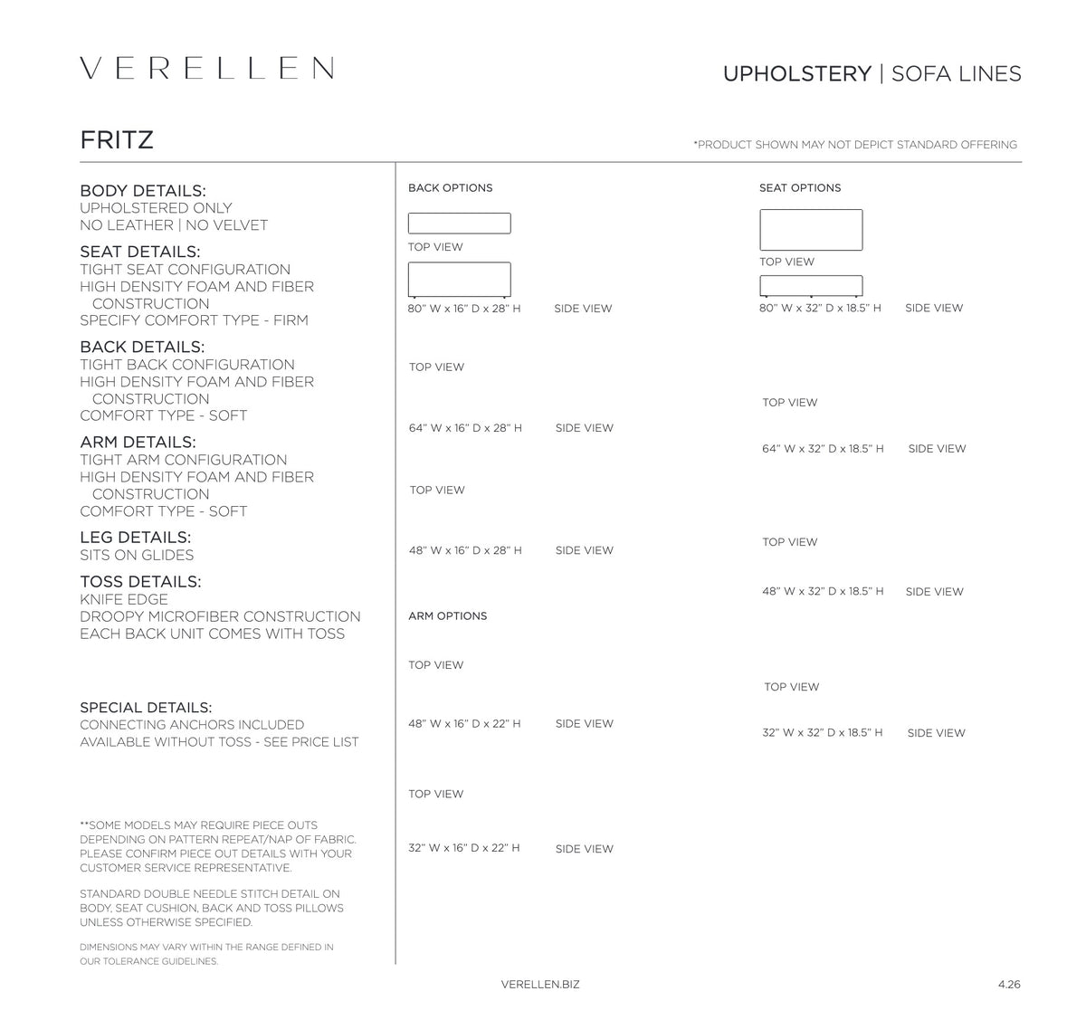 Fritz Sectional specification sheet page 1