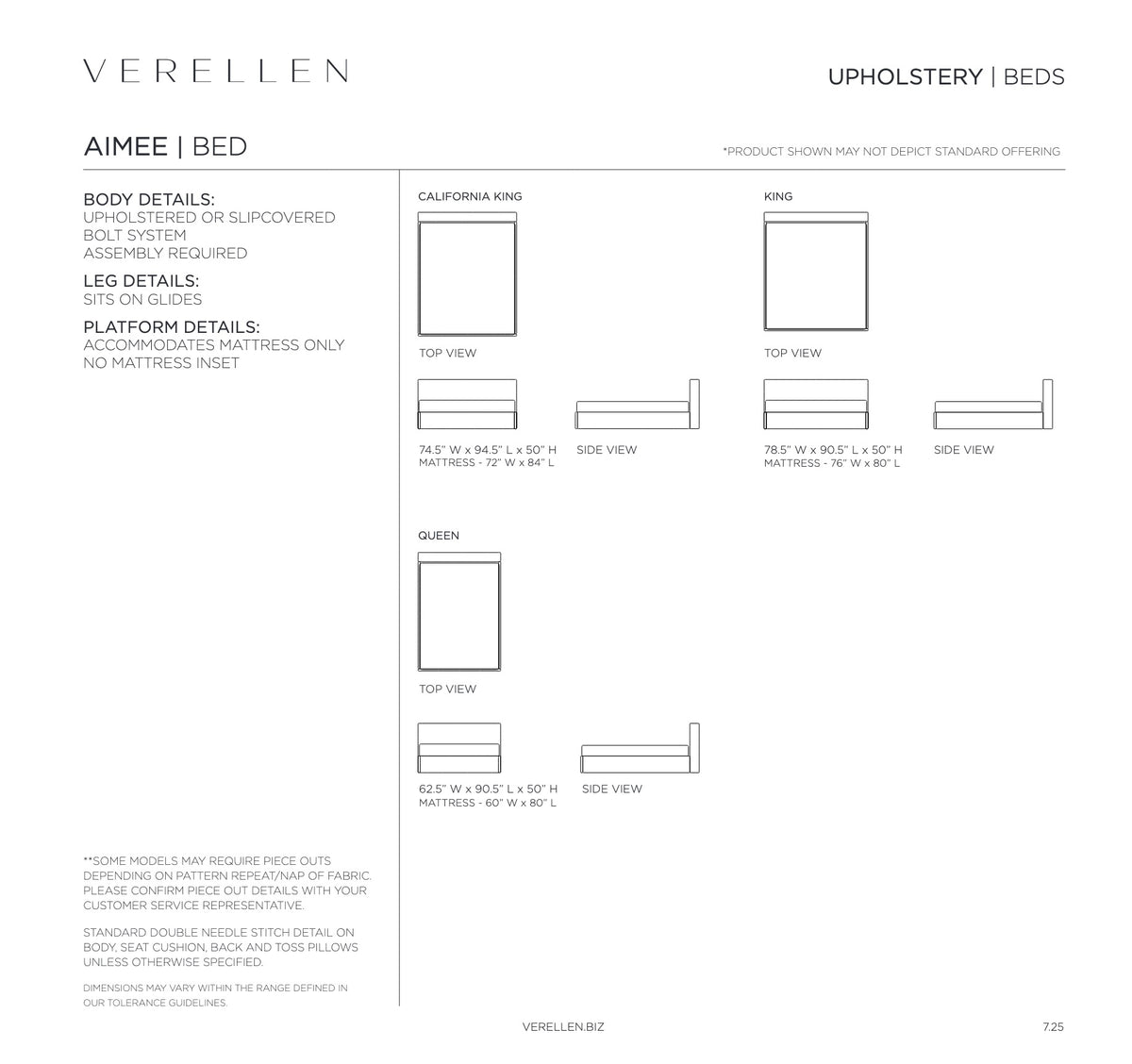 Aimee Bed specification sheet page 1