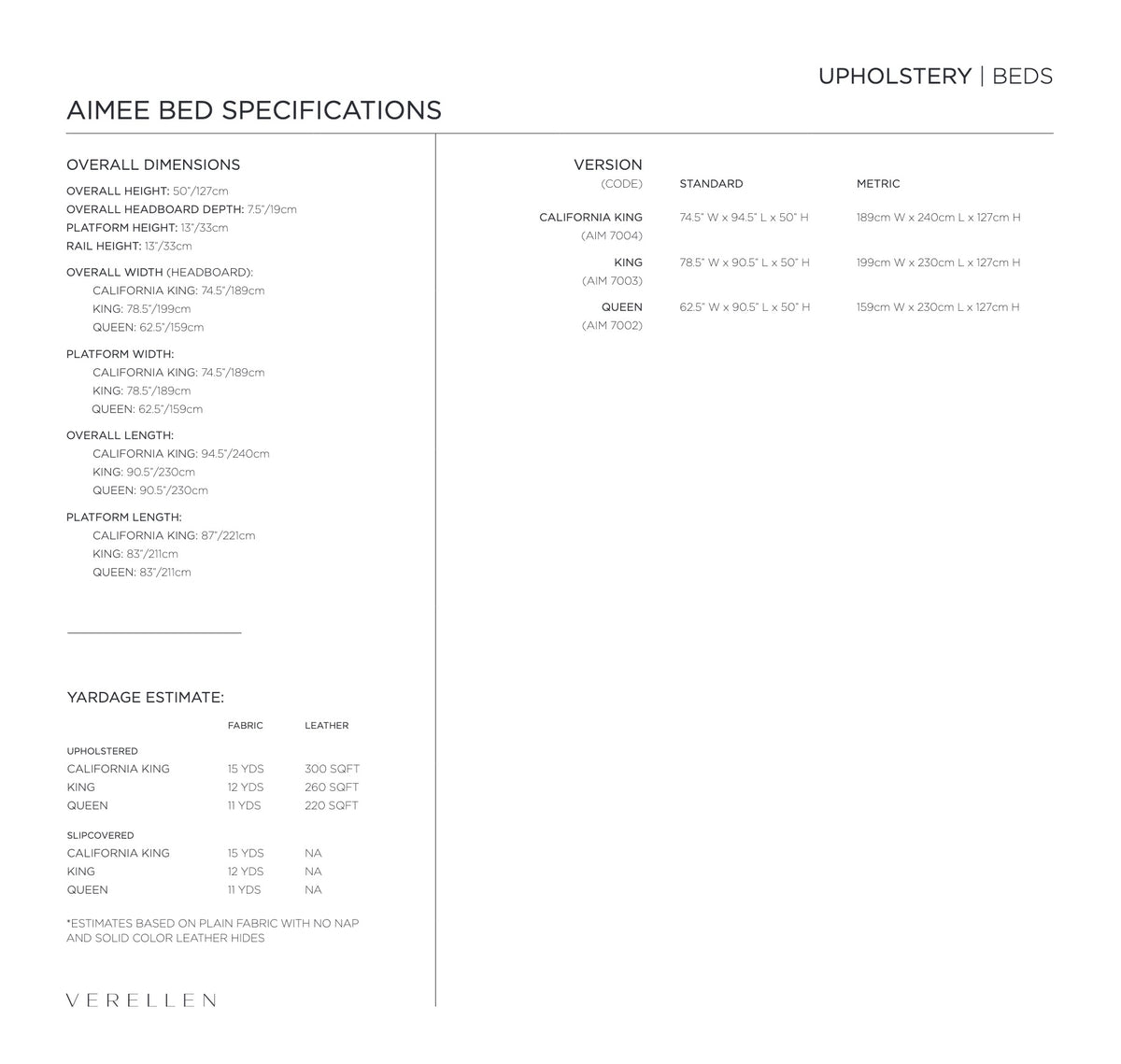 Aimee Bed specification sheet page 2