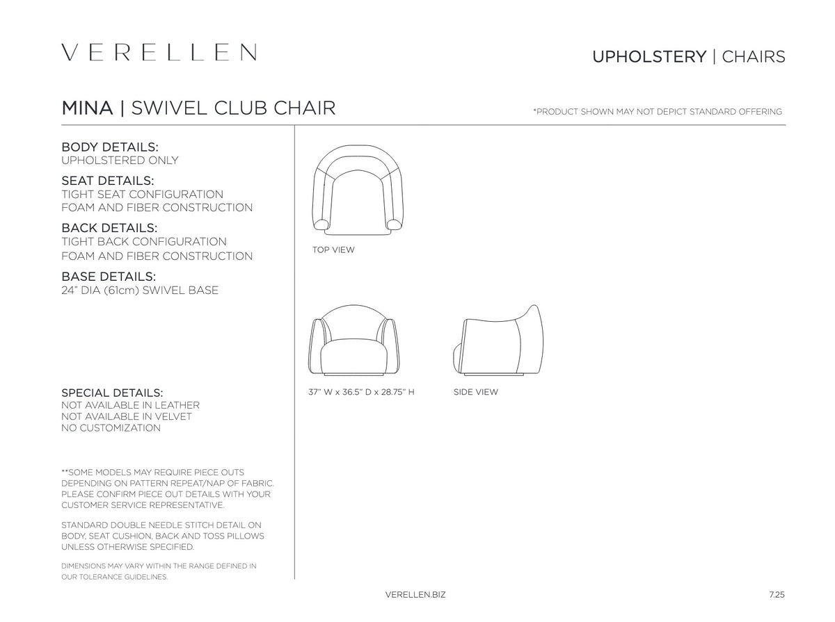 Mina Club Chair specification sheet page 1
