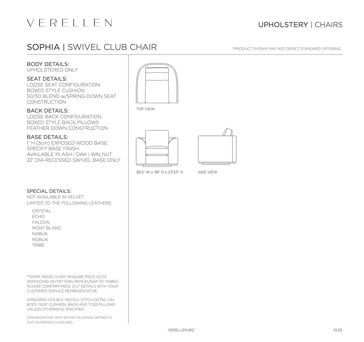 Sophia Swivel Club Chair specification sheet page 1